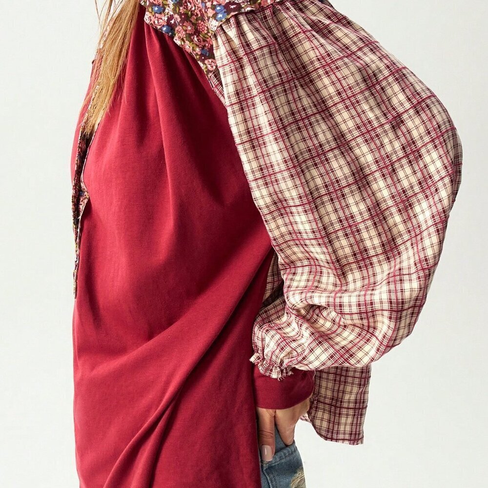 Burgundy Casual Women's Loose Knitted Patchwork Blouse - Picture 3 of 6
